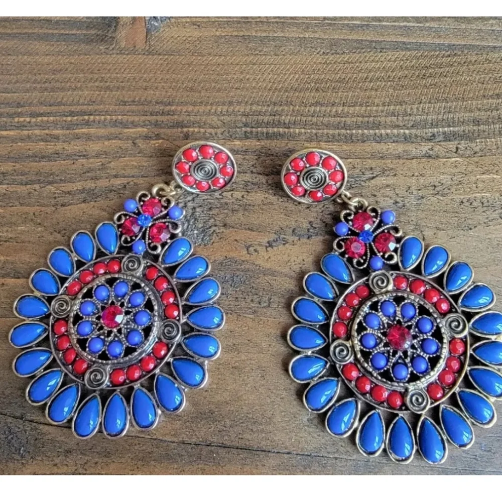 Unique Bohemian South Western Concho Oversized Blossom Dangle Earrings Blue/Red - Picture 2 of 4